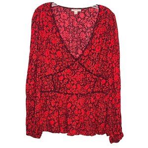Knox Rose Top Shirt Womens Size 2X Red Floral Long Sleeve V Neck Casual